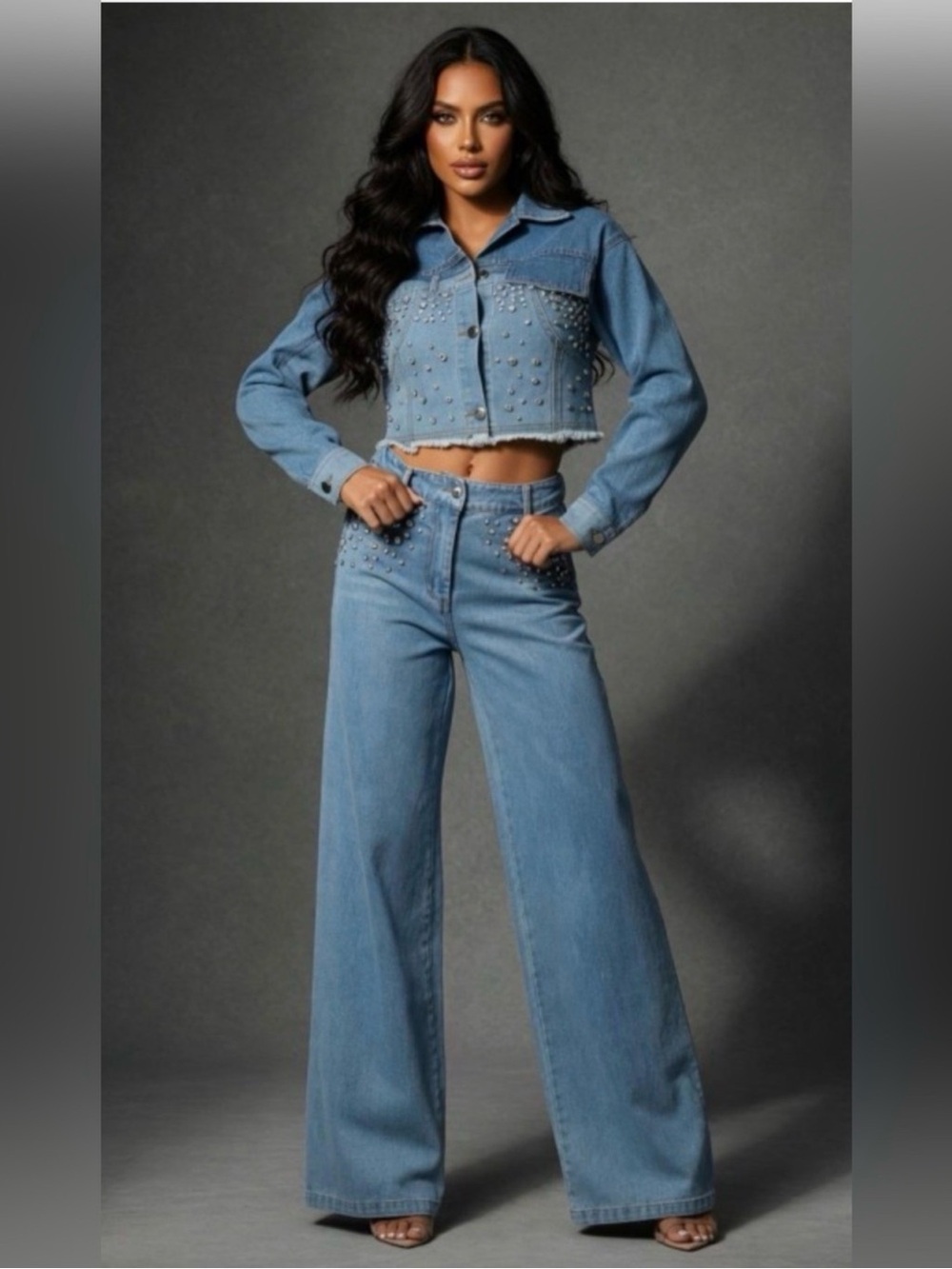Studded Light Blue Wide-Leg Jeans and Cropped Jacket
